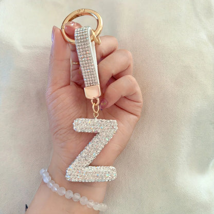 1pc Sparkling Rhinestone Alphabet Keychain, Alloy Round Letter Charm with Ring Buckle, Decorative Crystal Pendant Accessory