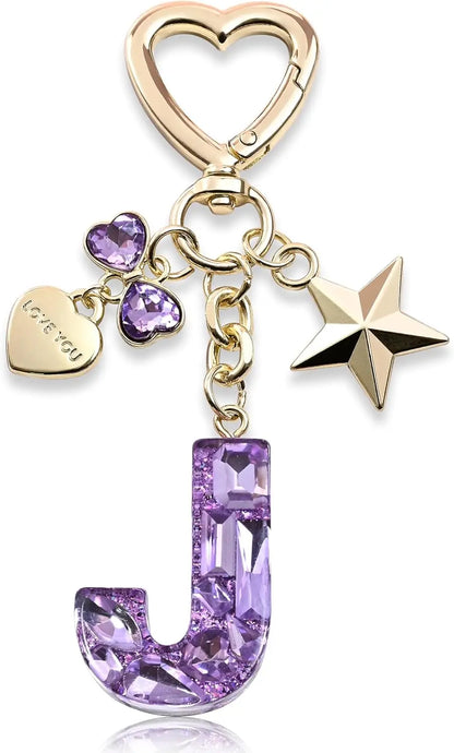 Cute Bling Keychain initial Letter Butterfly Star Pink Purple Gift for Women Girls Bag Cup Charms Accessories