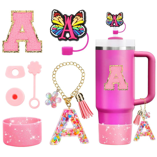 7PCS Cup Accessories Set for Stanley 30oz 40oz Tumbler Initials Silicone Straw Cover Cap Boot Letter Handle Charm Sticker