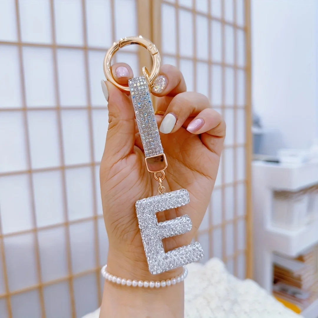 1pc Sparkling Rhinestone Alphabet Keychain, Alloy Round Letter Charm with Ring Buckle, Decorative Crystal Pendant Accessory