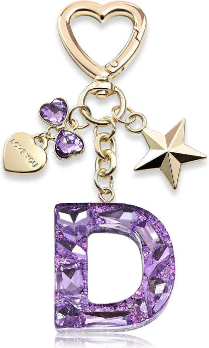 Cute Bling Keychain initial Letter Butterfly Star Pink Purple Gift for Women Girls Bag Cup Charms Accessories