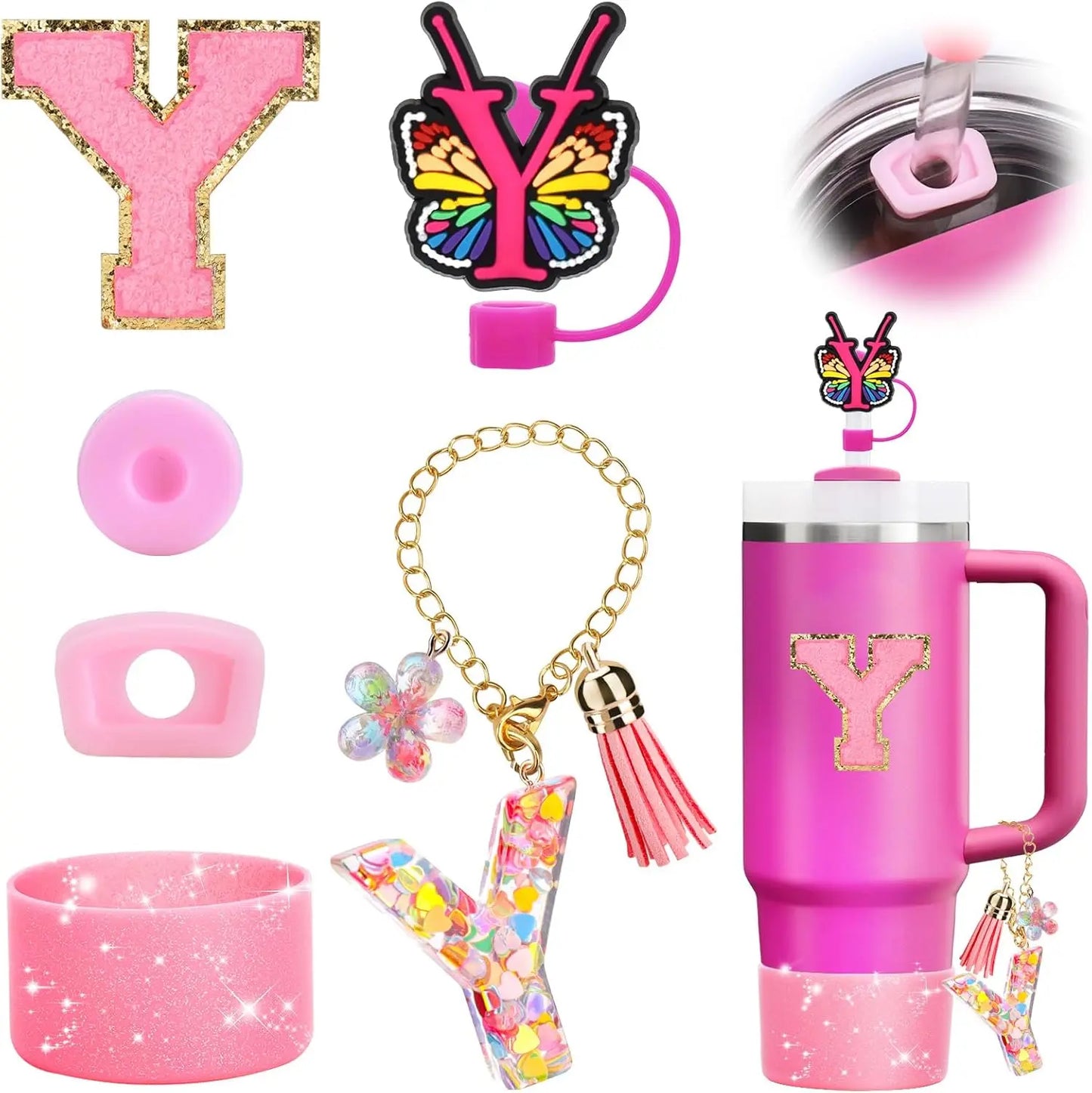 7PCS Cup Accessories Set for Stanley 30oz 40oz Tumbler Initials Silicone Straw Cover Cap Boot Letter Handle Charm Sticker