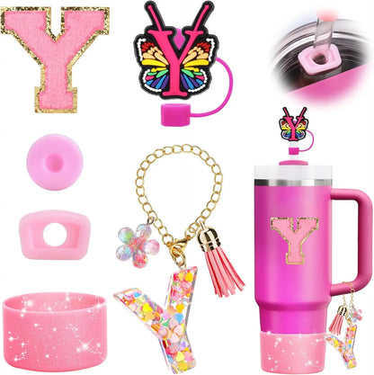7PCS Cup Accessories Set for Stanley 30oz 40oz Tumbler Initials Silicone Straw Cover Cap Boot Letter Handle Charm Sticker