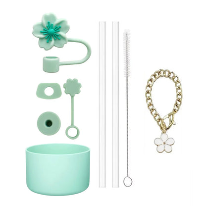 9pcs Cup Accessories for Stanley Set, 3 Spill Proof Stopper 2 Straws and Brush and 1 Flower Charm Chain Flowers Straw Cover Boot