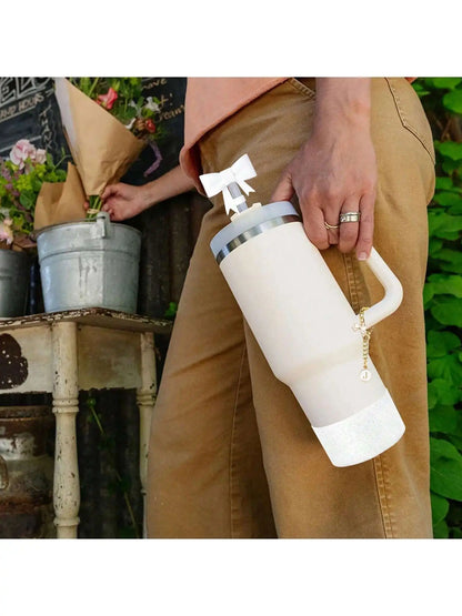 3pcs Accessories Set for Stanley Tumbler with Handle 1cm Straw Topper Cover Diamond Butterfly Charm Glitter Silicone Boot-White
