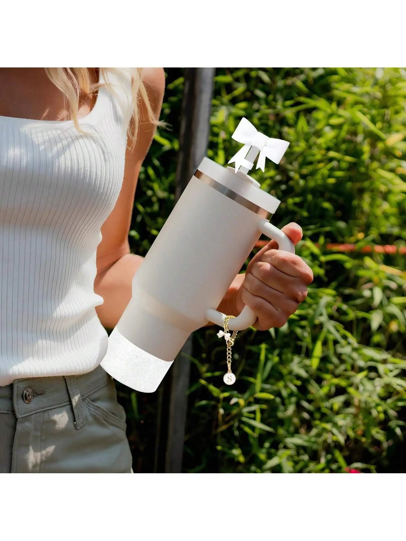 3pcs Accessories Set for Stanley Tumbler with Handle 1cm Straw Topper Cover Diamond Butterfly Charm Glitter Silicone Boot-White