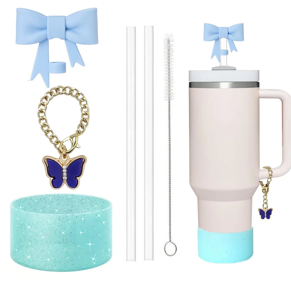 6pcs Accessories Set for Stanley Cup 30oz/40oz Including Glitter Silicone Boot Diamond Butterfly Charm Chain Bow Silicone Straw