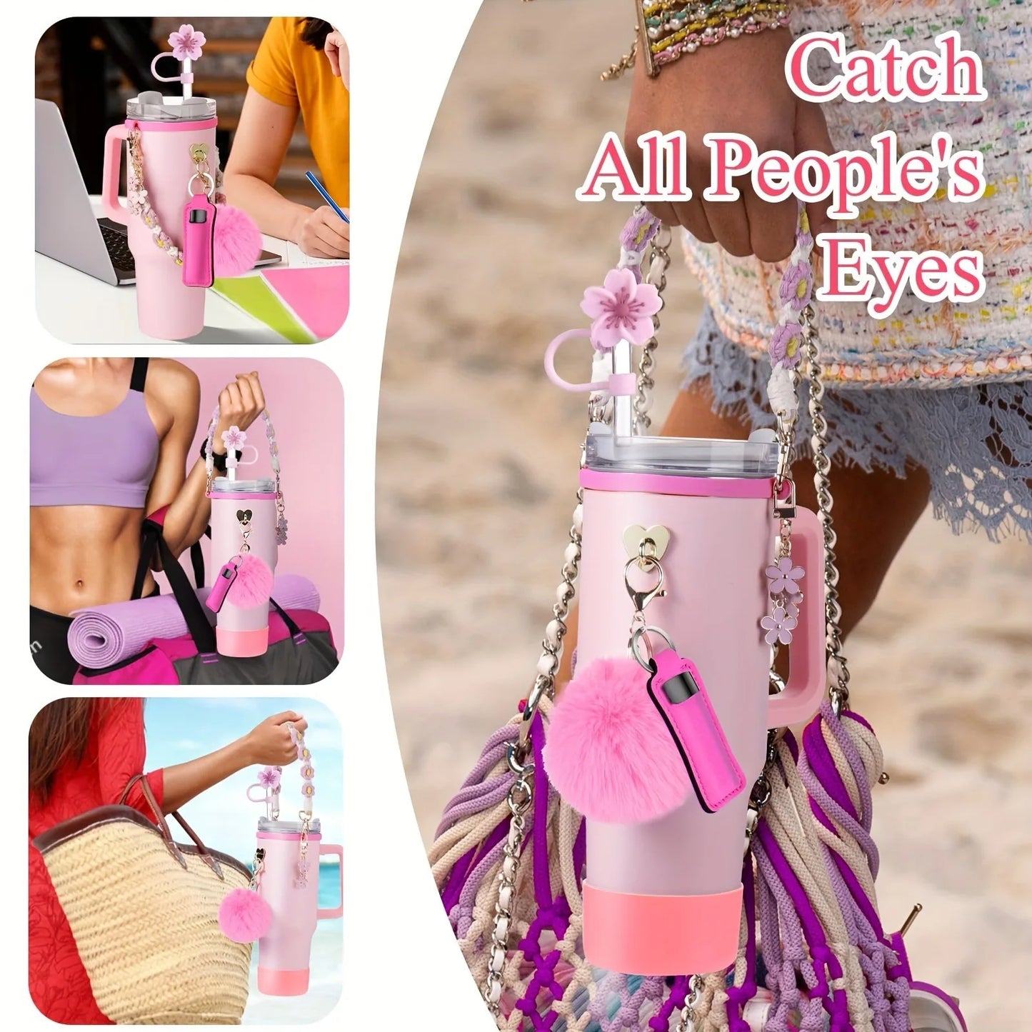 8PCS Cup Accessories, Set includes Water Bottle Handle Strap, Siliocne Boots, Lipstick Sleeve Pouch Straw Cap Cover for Stanley