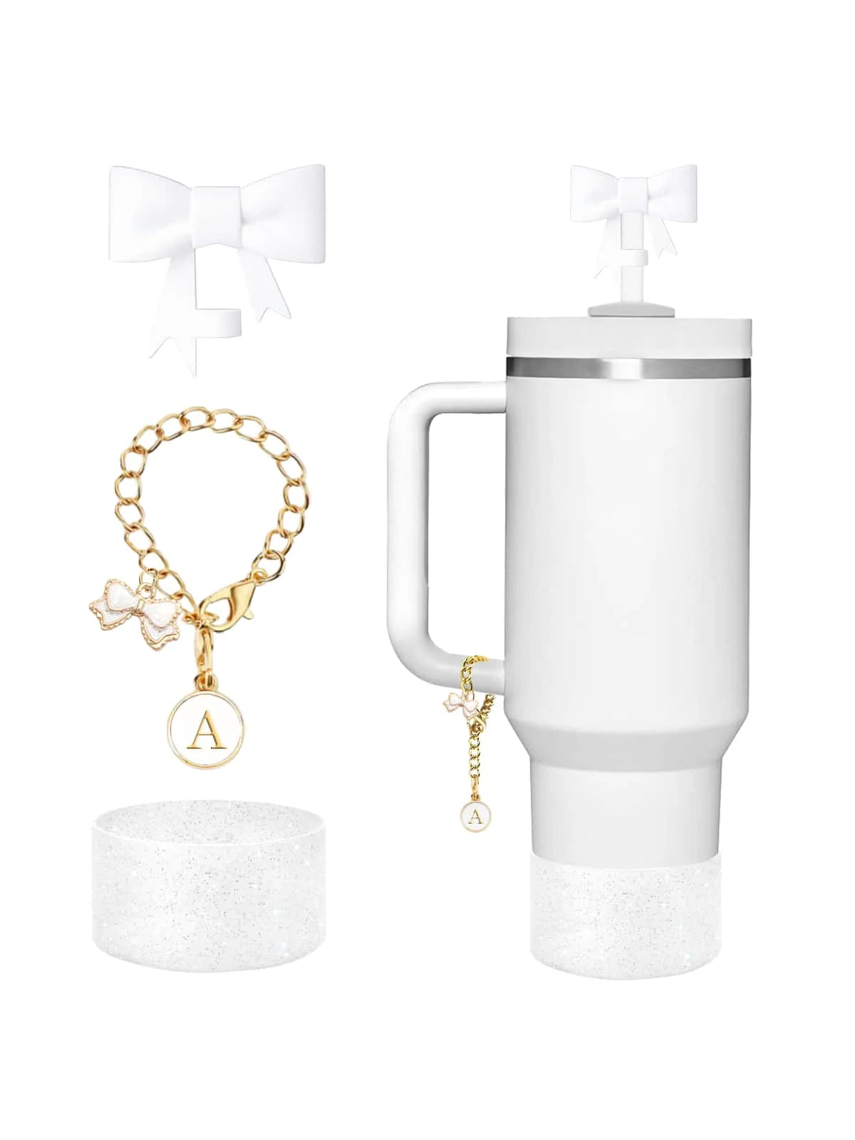 3pcs Accessories Set for Stanley Tumbler with Handle 1cm Straw Topper Cover Diamond Butterfly Charm Glitter Silicone Boot-White