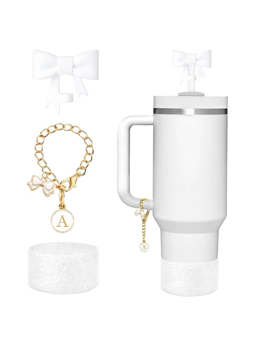 3pcs Accessories Set for Stanley Tumbler with Handle 1cm Straw Topper Cover Diamond Butterfly Charm Glitter Silicone Boot-White
