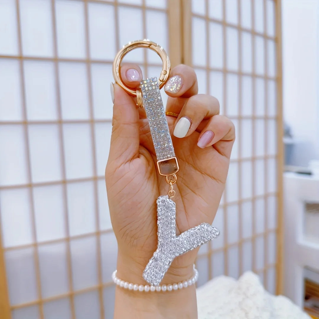 1pc Sparkling Rhinestone Alphabet Keychain, Alloy Round Letter Charm with Ring Buckle, Decorative Crystal Pendant Accessory