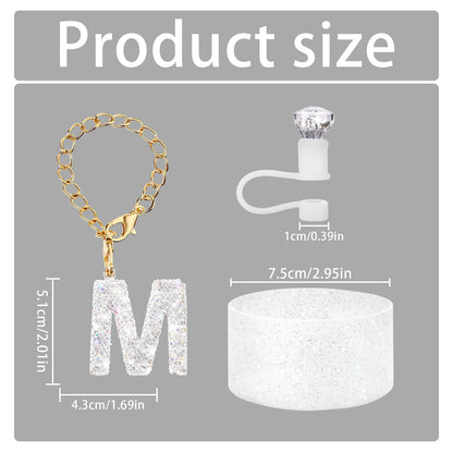 3Pcs Accessories Set for Stanley Cup, Including Diamond Straw Topper/Sparkly Silicone Boot Set（White）