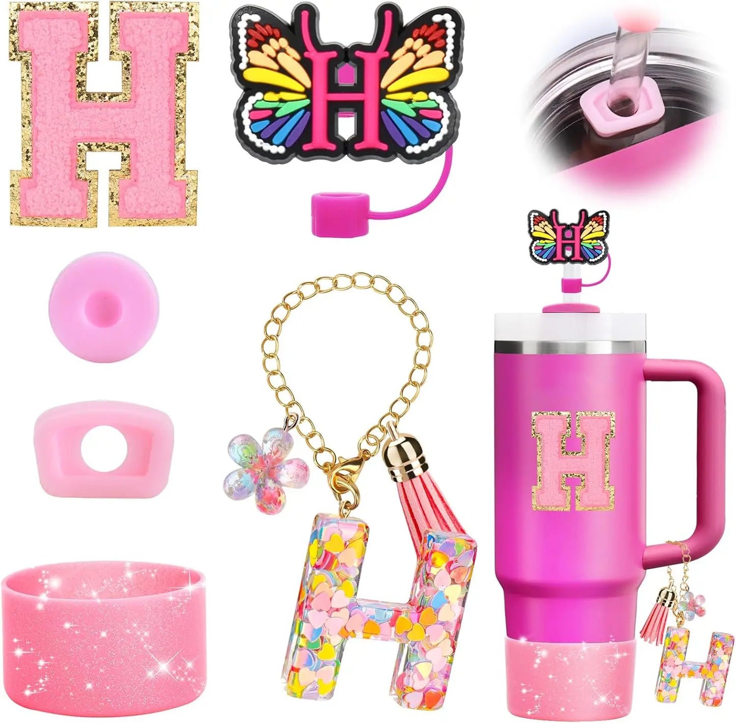 7PCS Cup Accessories Set for Stanley 30oz 40oz Tumbler Initials Silicone Straw Cover Cap Boot Letter Handle Charm Sticker