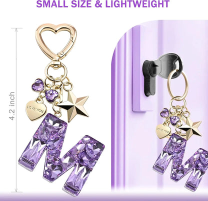 Cute Bling Keychain initial Letter Butterfly Star Pink Purple Gift for Women Girls Bag Cup Charms Accessories