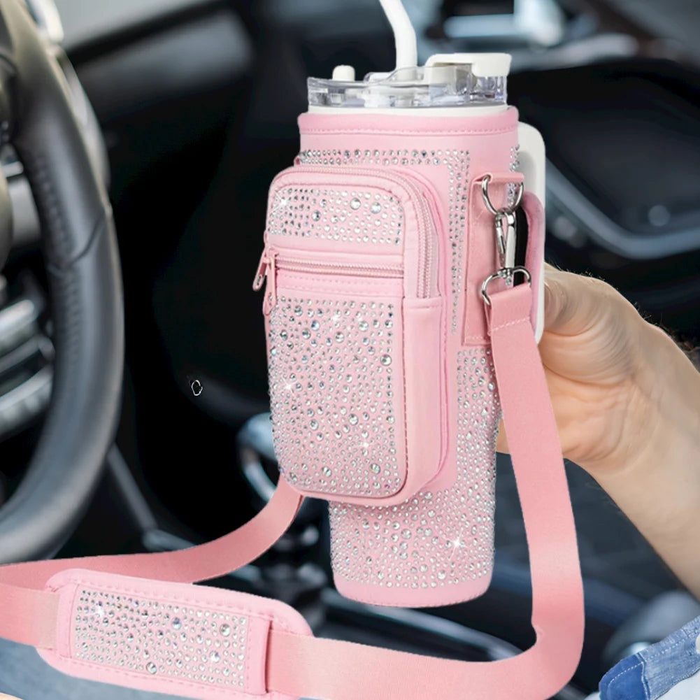 Bling Diamond Water Bottle Holder with Adjustable Strap Water Bottle Sling Bag Water Bottle Bag for Stanley 40oz Cup Accessories