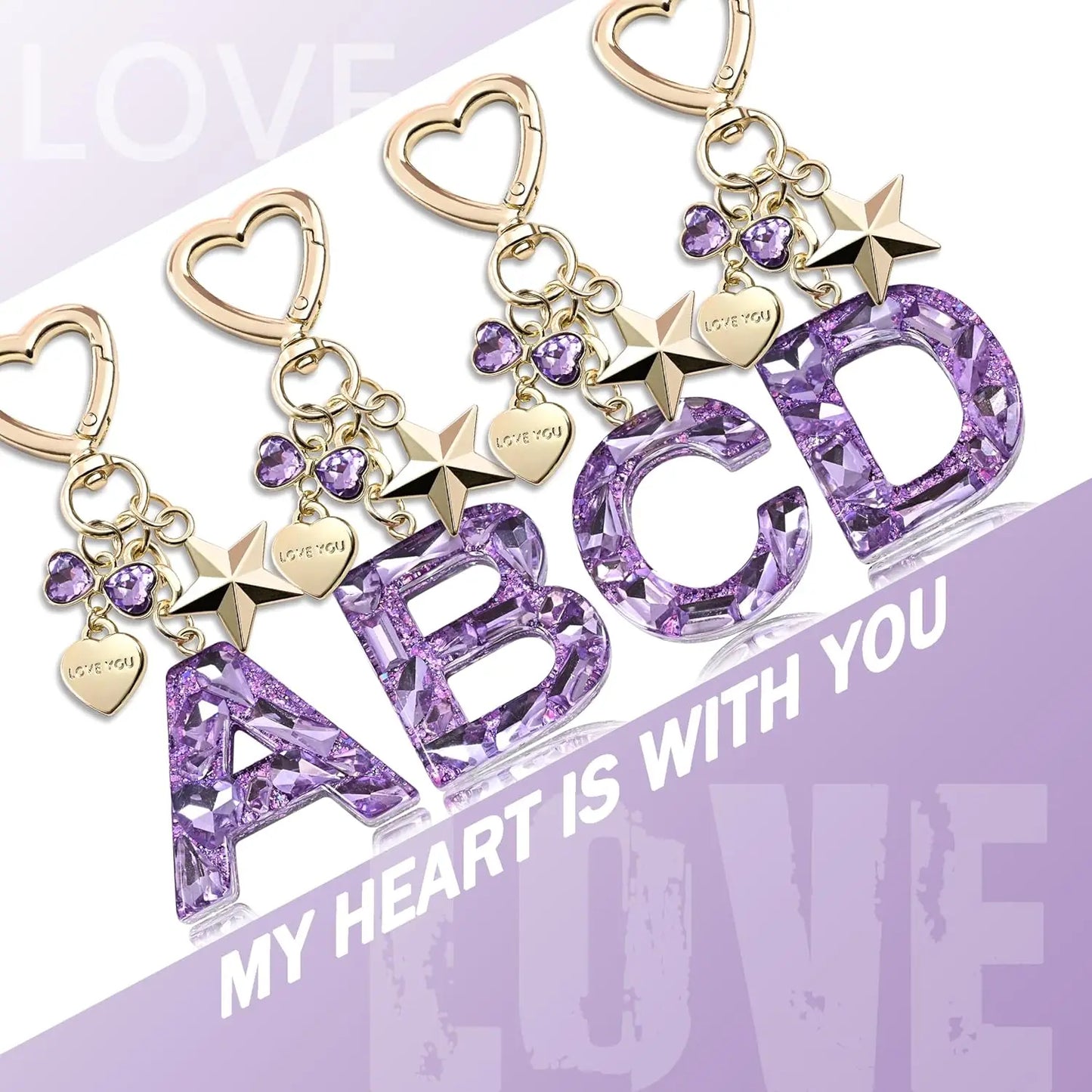 Cute Bling Keychain initial Letter Butterfly Star Pink Purple Gift for Women Girls Bag Cup Charms Accessories