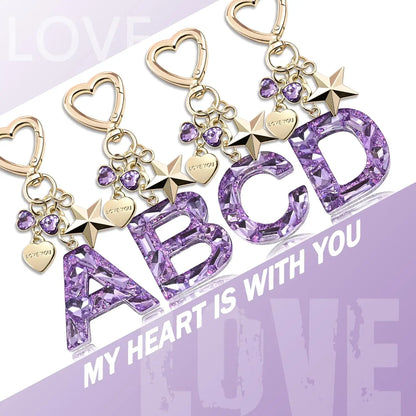 Cute Bling Keychain initial Letter Butterfly Star Pink Purple Gift for Women Girls Bag Cup Charms Accessories