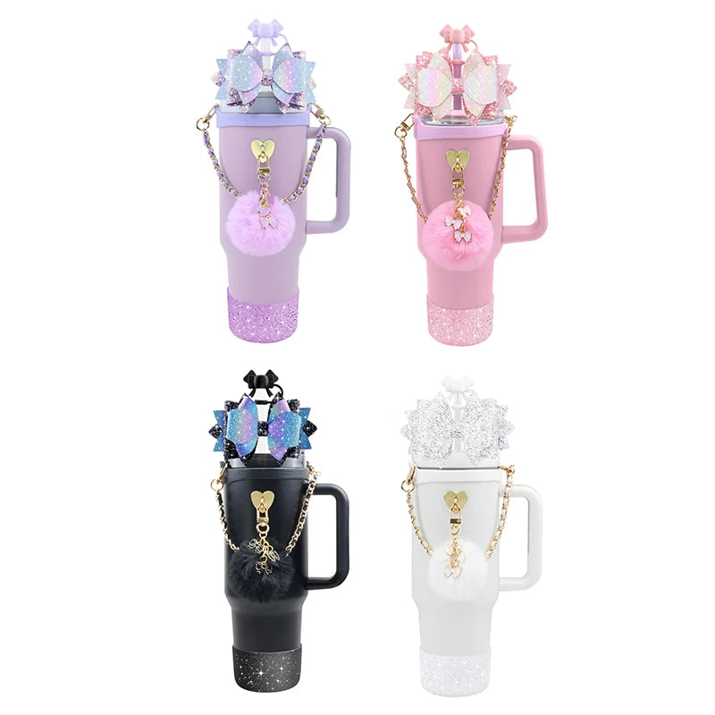 Bling Stanley Cup Accessories For 40oz & 30oz Tumbler Including Silicone Cute Bow Straw Topper Cover, Silicone Stanley Cup Boot