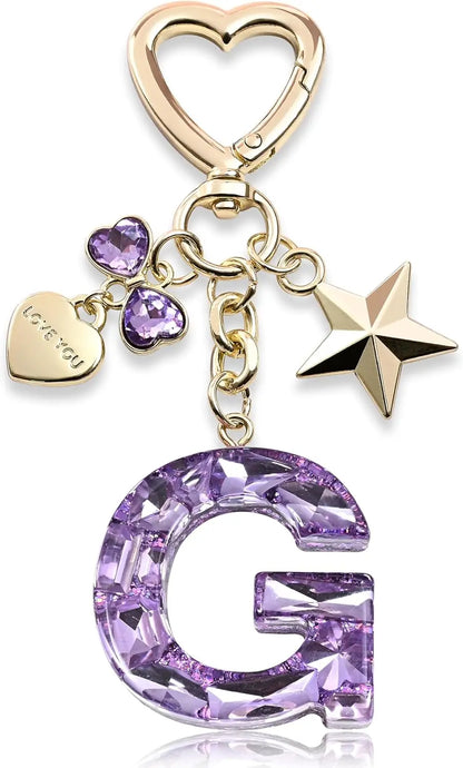 Cute Bling Keychain initial Letter Butterfly Star Pink Purple Gift for Women Girls Bag Cup Charms Accessories
