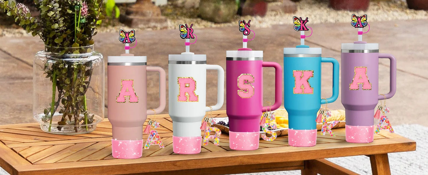 7PCS Cup Accessories Set for Stanley 30oz 40oz Tumbler Initials Silicone Straw Cover Cap Boot Letter Handle Charm Sticker