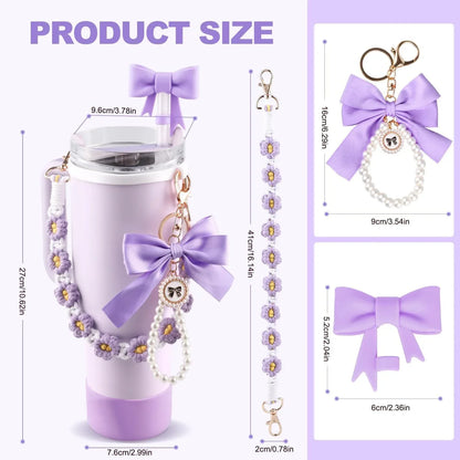 9pcs Accessories Set for Stanley Cup Water Bottle Handle Strap Boot Bow Straw Cover Pearl Charms Straw Topper 40oz 30oz Tumbler