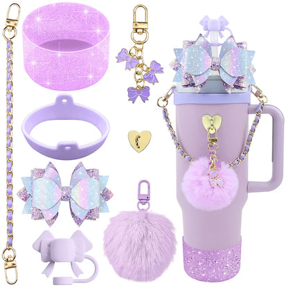Bling Stanley Cup Accessories For 40oz & 30oz Tumbler Including Silicone Cute Bow Straw Topper Cover, Silicone Stanley Cup Boot