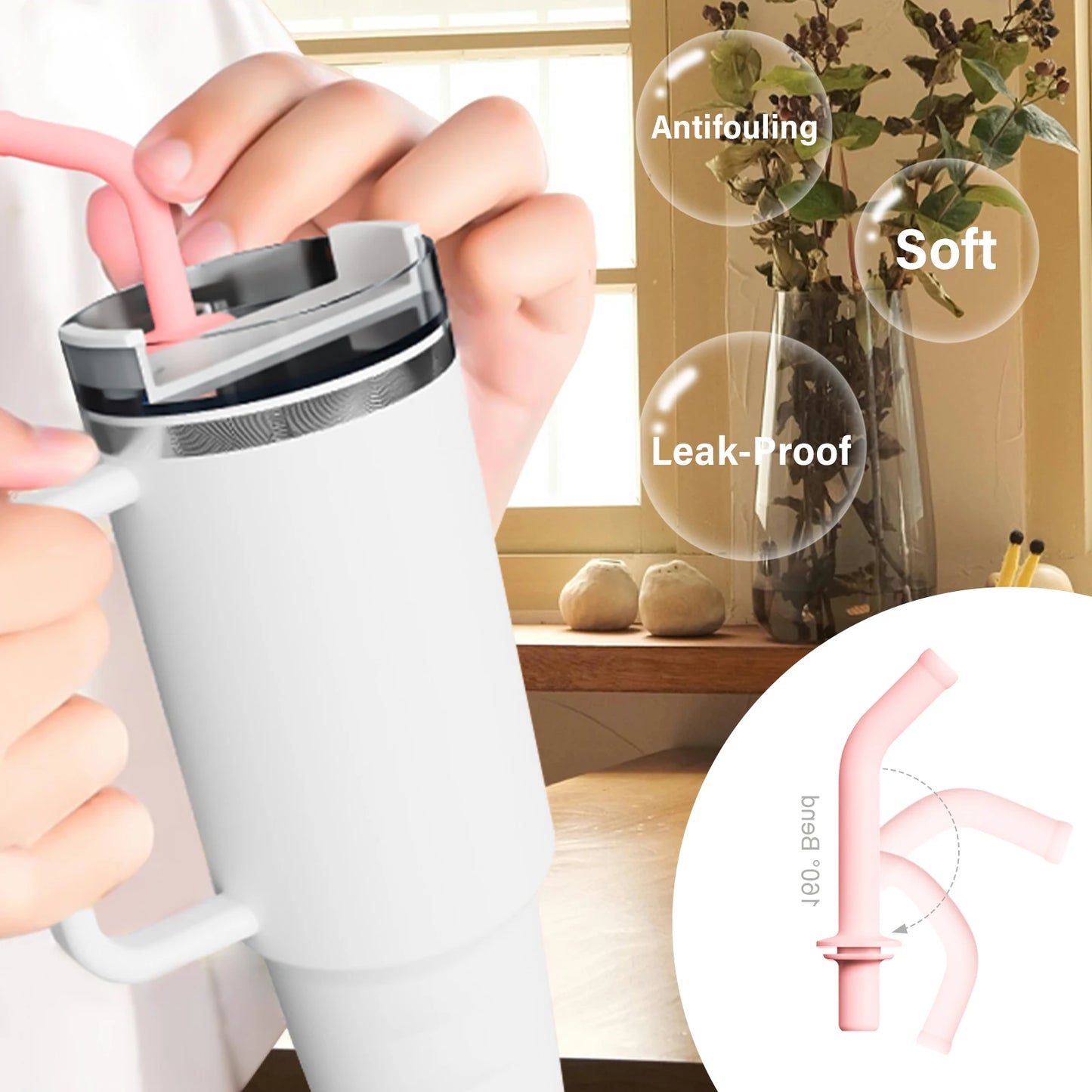 Leak Proof Set For Stanley Quencher 2.0 1.0 Accessories,2 in1Silicone Anti-Spill Straws,9.4"Extension Straw,Spill Proof Stopper