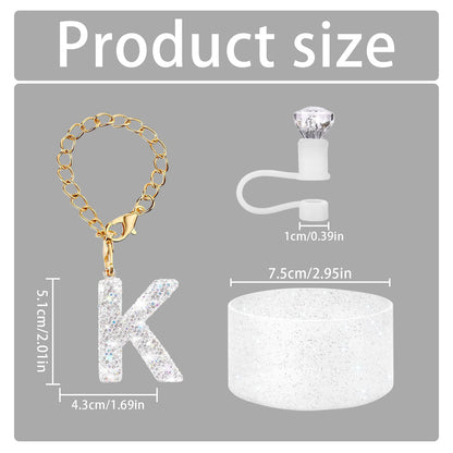 3Pcs Accessories Set for Stanley Cup, Including Diamond Straw Topper/Sparkly Silicone Boot Set（White）