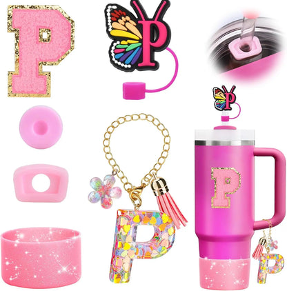 7PCS Cup Accessories Set for Stanley 30oz 40oz Tumbler Initials Silicone Straw Cover Cap Boot Letter Handle Charm Sticker