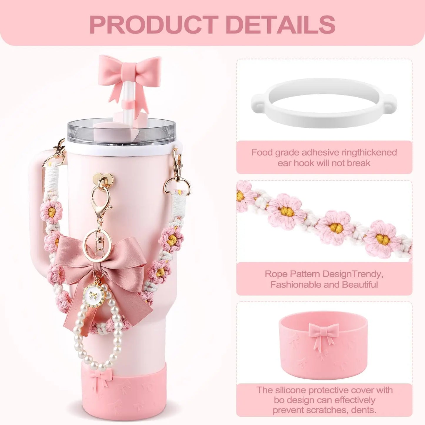 6pcs Water Bottle Accessories Set for Stanley 40oz Tumbler Cup,Including  Handle Strap, Siliocne Boot, Bow Straw Cover