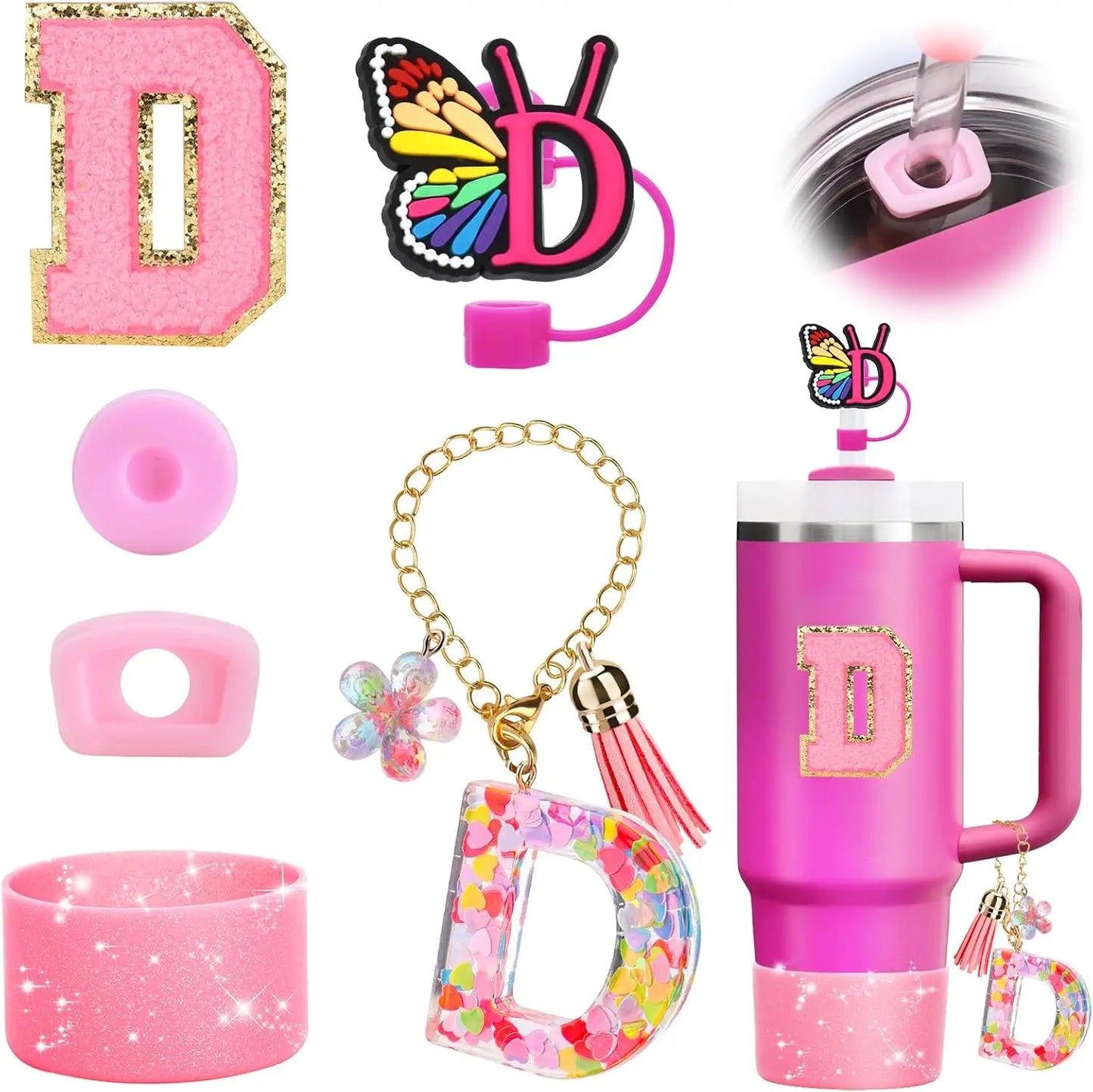 7PCS Cup Accessories Set for Stanley 30oz 40oz Tumbler Initials Silicone Straw Cover Cap Boot Letter Handle Charm Sticker