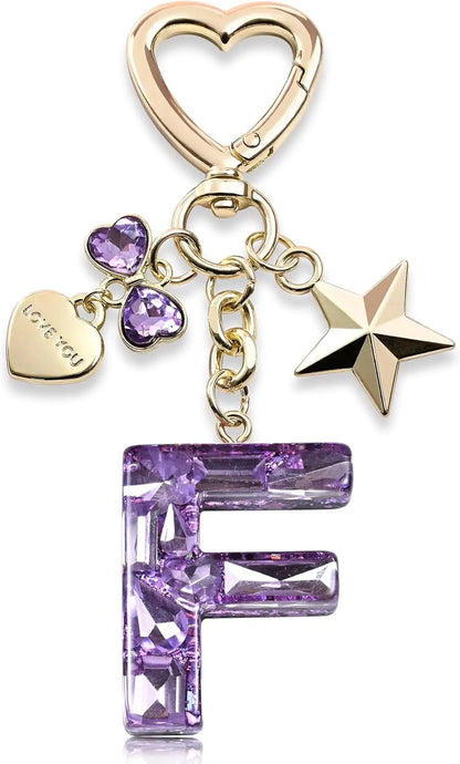 Cute Bling Keychain initial Letter Butterfly Star Pink Purple Gift for Women Girls Bag Cup Charms Accessories