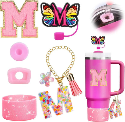 7PCS Cup Accessories Set for Stanley 30oz 40oz Tumbler Initials Silicone Straw Cover Cap Boot Letter Handle Charm Sticker