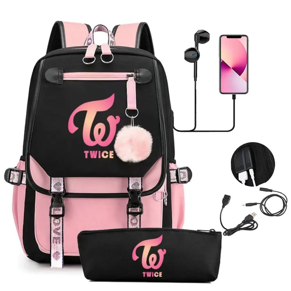 Twice Large Capacity USB Charging Book Bag Mochila Travel Bag Sana Momo Backpacks Gift Fans Collection