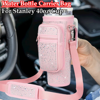 Bling Diamond Water Bottle Holder with Adjustable Strap Water Bottle Sling Bag Water Bottle Bag for Stanley 40oz Cup Accessories