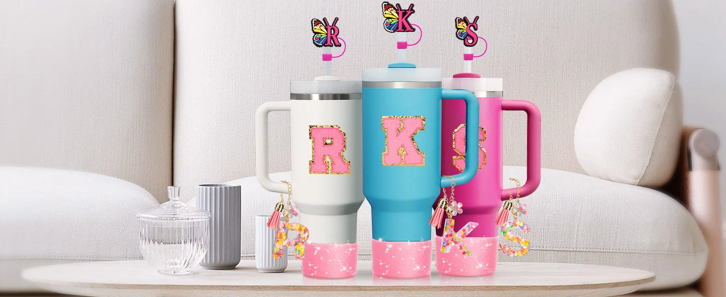 7PCS Cup Accessories Set for Stanley 30oz 40oz Tumbler Initials Silicone Straw Cover Cap Boot Letter Handle Charm Sticker
