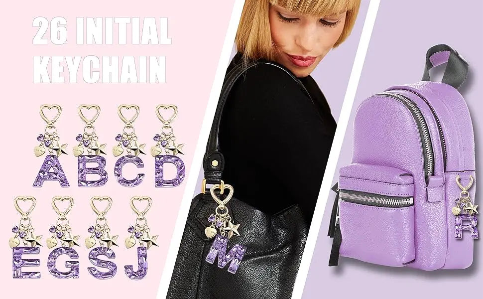 Cute Bling Keychain initial Letter Butterfly Star Pink Purple Gift for Women Girls Bag Cup Charms Accessories