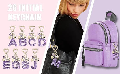 Cute Bling Keychain initial Letter Butterfly Star Pink Purple Gift for Women Girls Bag Cup Charms Accessories