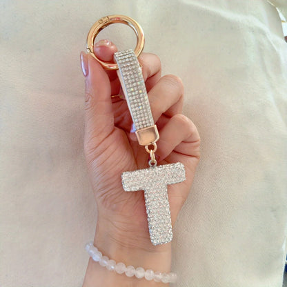 1pc Sparkling Rhinestone Alphabet Keychain, Alloy Round Letter Charm with Ring Buckle, Decorative Crystal Pendant Accessory