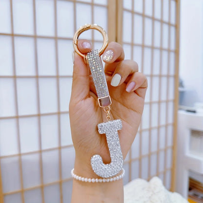 1pc Sparkling Rhinestone Alphabet Keychain, Alloy Round Letter Charm with Ring Buckle, Decorative Crystal Pendant Accessory