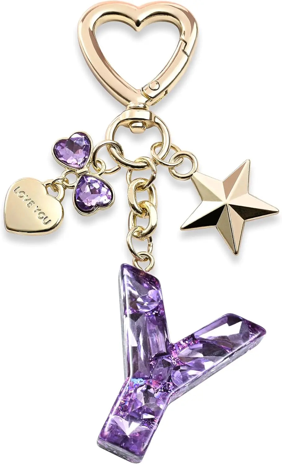 Cute Bling Keychain initial Letter Butterfly Star Pink Purple Gift for Women Girls Bag Cup Charms Accessories