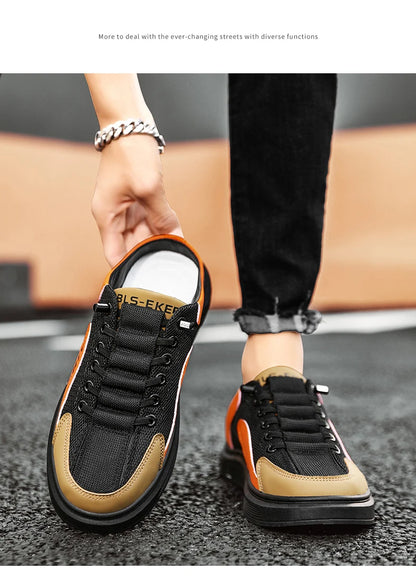 Half Slippers Men Low-top Canvas Shoes Casual Breathable Sneakers Korean Style Autumn Lace Up Casual Non-slip Trainers