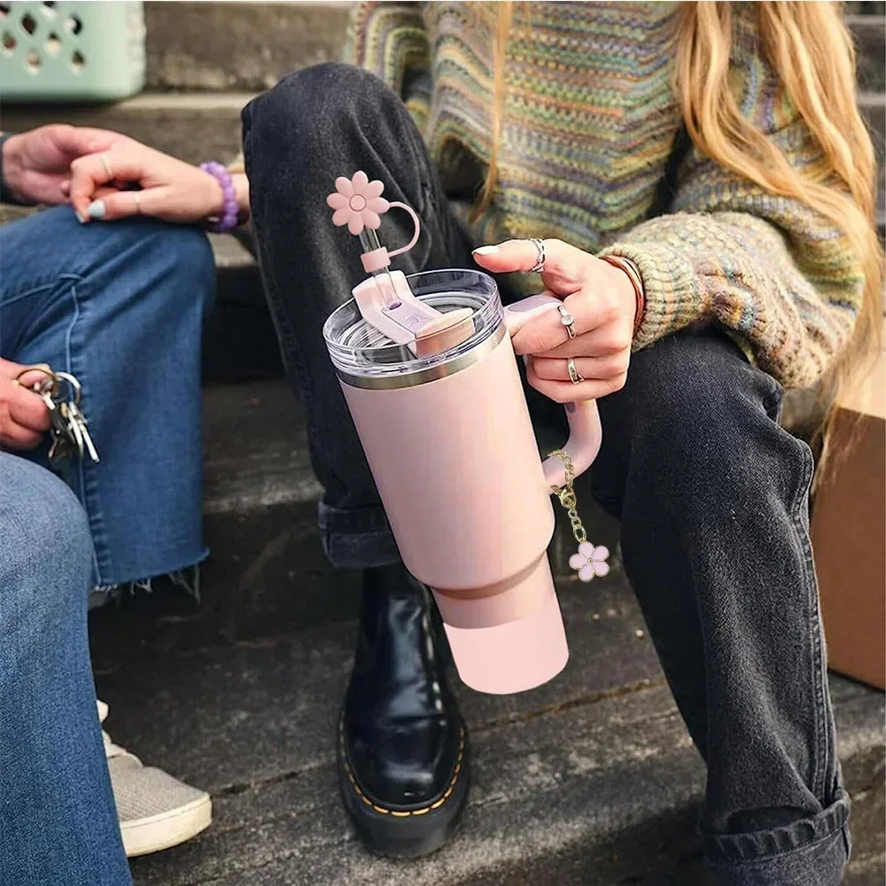 9pcs Cup Accessories for Stanley Set, 3 Spill Proof Stopper 2 Straws and Brush and 1 Flower Charm Chain Flowers Straw Cover Boot