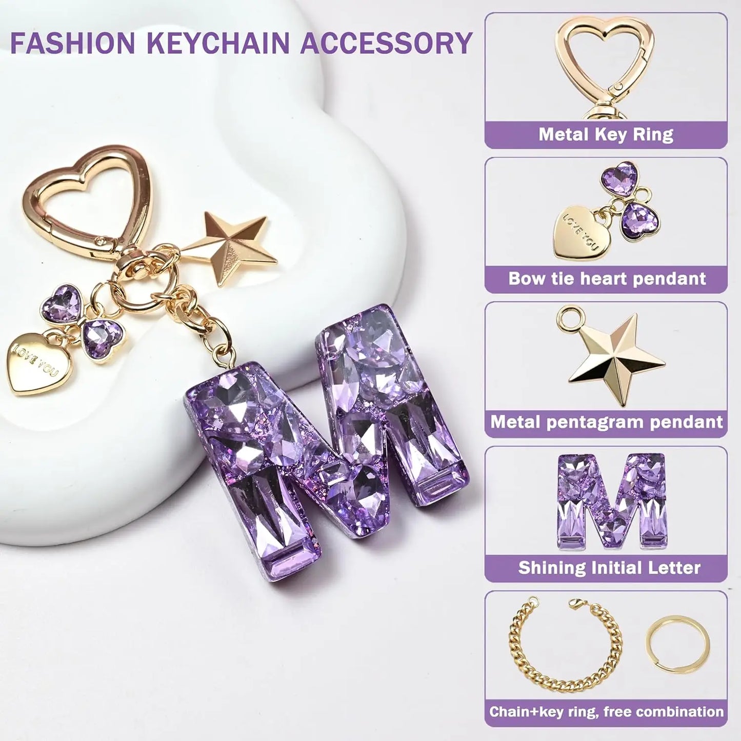 Cute Bling Keychain initial Letter Butterfly Star Pink Purple Gift for Women Girls Bag Cup Charms Accessories