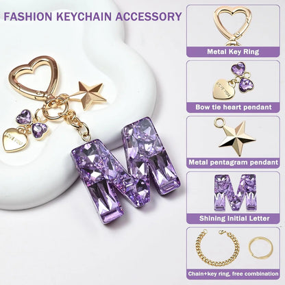 Cute Bling Keychain initial Letter Butterfly Star Pink Purple Gift for Women Girls Bag Cup Charms Accessories