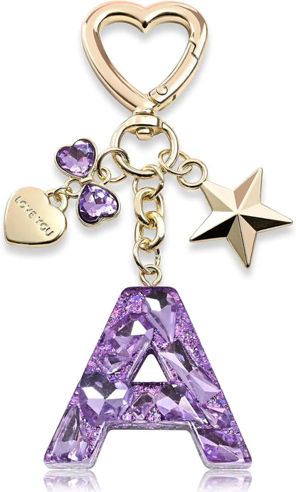 Cute Bling Keychain initial Letter Butterfly Star Pink Purple Gift for Women Girls Bag Cup Charms Accessories