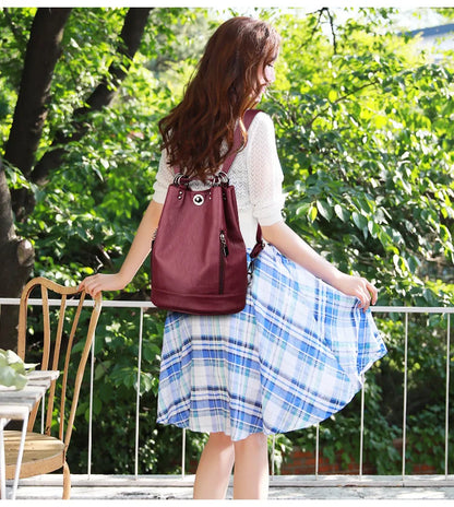 2022 Women Leather Backpacks Multifunction Women Vintage Shoulder Bag Ladies Rucksack Large Capacity Travel Bag Sac A Dos Preppy