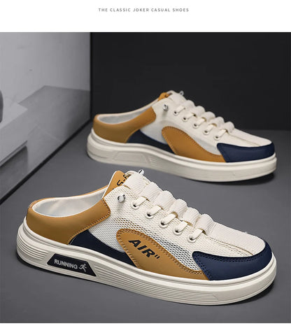 Half Slippers Men Low-top Canvas Shoes Casual Breathable Sneakers Korean Style Autumn Lace Up Casual Non-slip Trainers