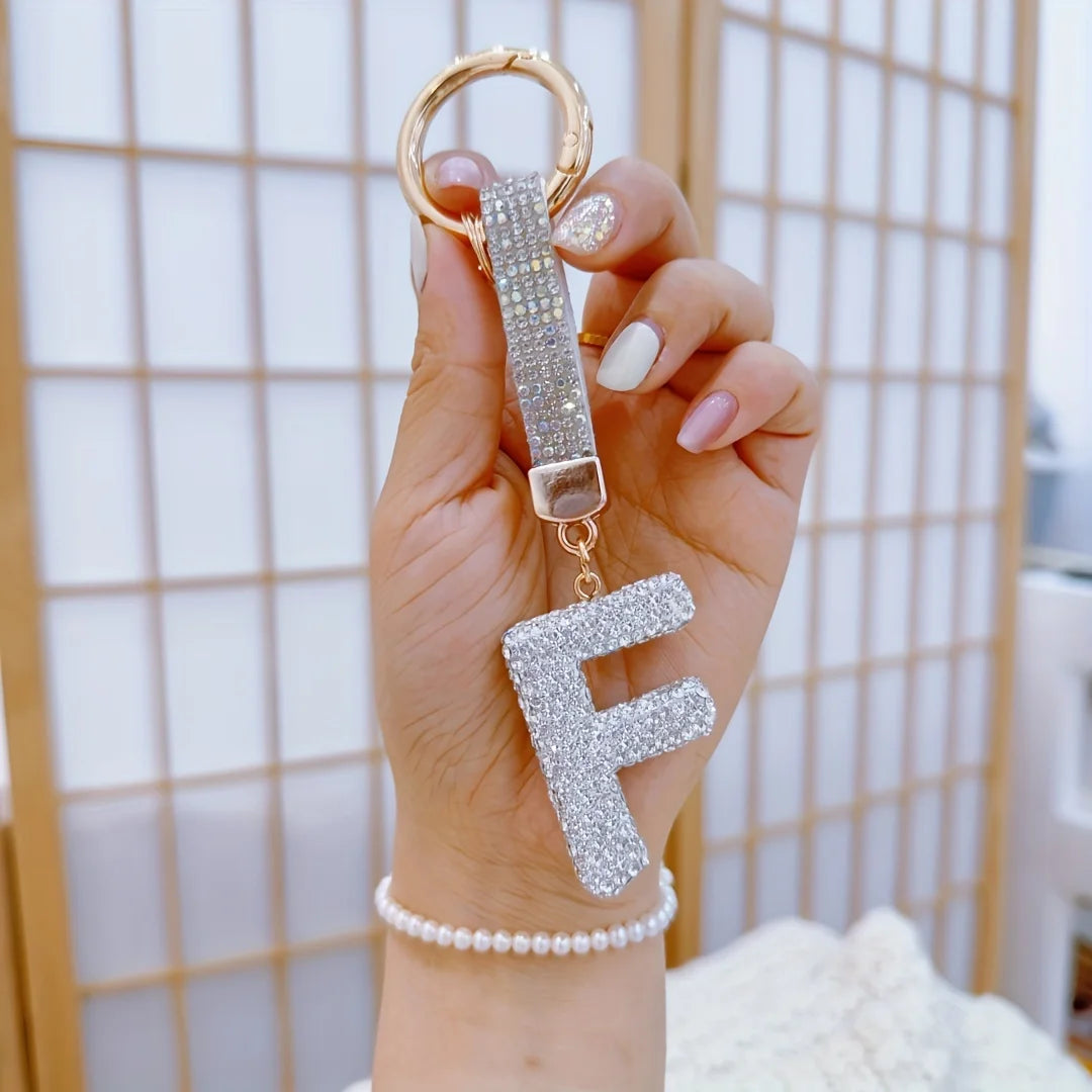 1pc Sparkling Rhinestone Alphabet Keychain, Alloy Round Letter Charm with Ring Buckle, Decorative Crystal Pendant Accessory
