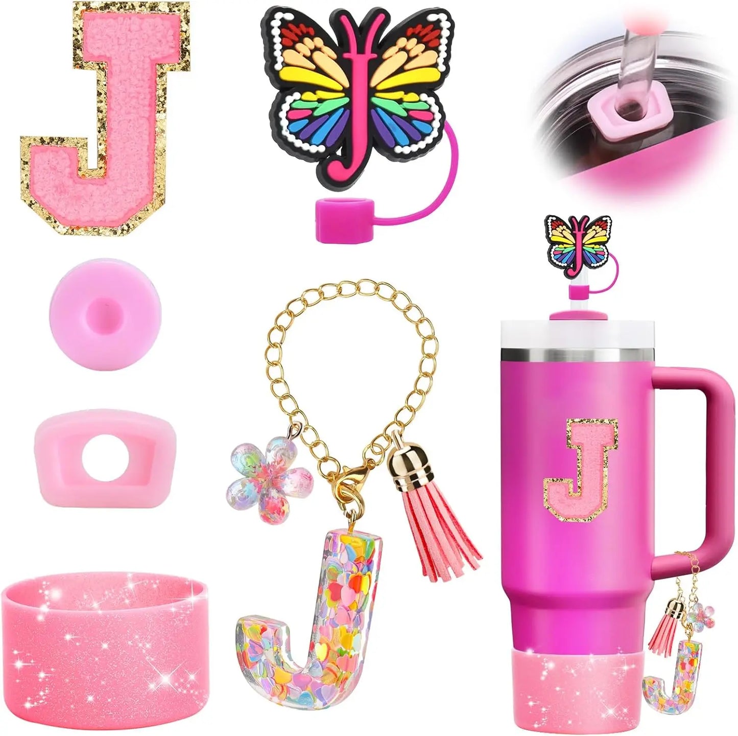 7PCS Cup Accessories Set for Stanley 30oz 40oz Tumbler Initials Silicone Straw Cover Cap Boot Letter Handle Charm Sticker